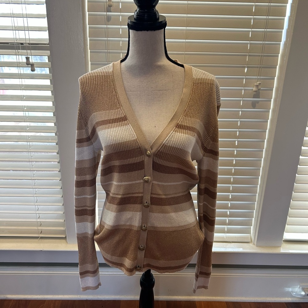 Stripe Glitter Cardigan Women's Sweater Anne Klein Logo Metal Buttons